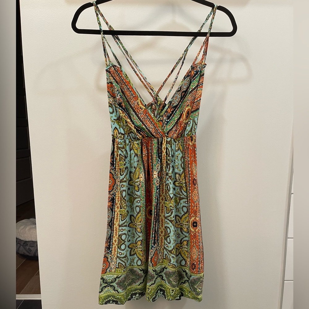 LF House of Three Multi-Colored Mini Strap Dress w/ Cross Back - Sz 8